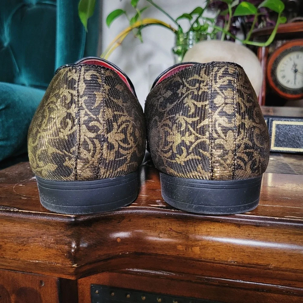 Henry Ferrera Gold Black Brocade‎ Smoking Loafers Slip On Dress Shoes Men's 10.5